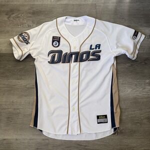 LA Dinos Baseball Jersey Mens 105 Wilson White Button Front Team Patch Shirt